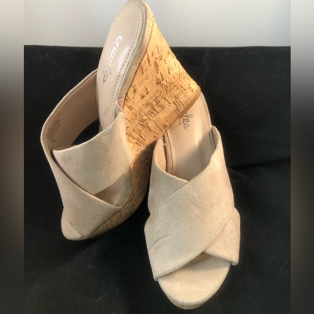 Charles David Beige Suede Cork Wedge Mules